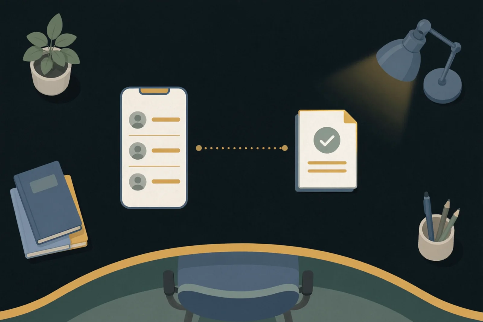 Checking an online casino before you register — TK666 Guide Illustration: a phone showing an account list linked to a verified document on a desk lit by a lamp